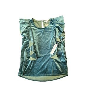 On the Road Small Ruffle Sleeve Velvet Top Teal Green Blouse NWT